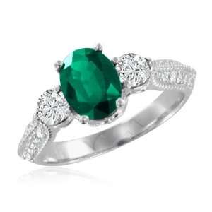  Natural Emerald and Diamond Ring in 18k White Gold 3 Stone Ring 