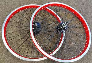 20 inch BMX Park Bike Wheels Red Front & Rear 3/8 inch axles freewheel 
