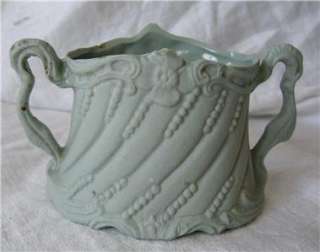 Antique Art Nouveau Green Porcelain Small Handled Vase Cherub 