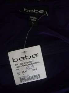 BEBE Purple Camilla Black Fringe Sequin Halter Top Dress, NWT $169 