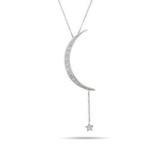 Crescent Moon and Stars Necklace Rhodium and Sterling Silver with 