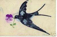 OLD POSTCARD SWALLOW BIRD WITH VIOLET FLOWER +  