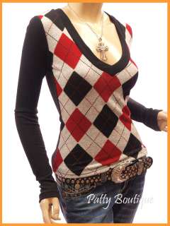 Smart V Neck Checkers Long Sleeve Knit Top  