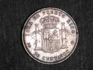 PUERTO RICO 1895 20 Centavos Silver, ex mounted