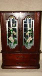 Vintage Wood Jewelry Armoire Chest Box Stained Glass / Etched Glass 