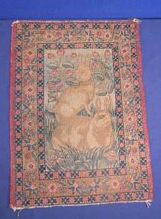 Vtg Antique Pictorial Kerman Oriental Rug ca. 1910 Rabbits 2 x1.5 