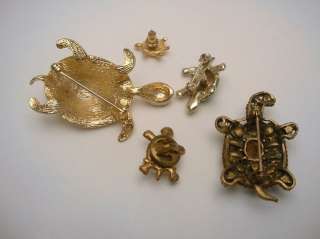 Vintage Turtle Brooch Lot 5 Pieces Enamel Rhinestone  