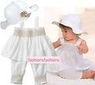 Summer Princess Baby Girl Outfits Vest Pants Hat White with Flower 3 