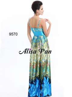 Blues Floral Print Rhinestones Satin Spaghetti Strap Prom Dress 09570 