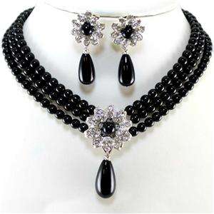 Elegant Dangle Black Pearl Crystal Silver Wedding Evening Earrings 