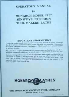 Monarch 10 EE Precision Lathe Operators Parts Manual  