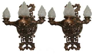 4793 Pair of Large Bronze Sconces w/Glass Flame Shades  