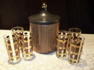   matching set of 6 tall drinking glasses and metal ice bucket