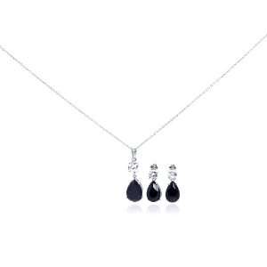  Silver Necklace & Earring Sets Tear Drop Black And Clear CZ Set 