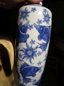 Blue White Decorative Koi Fish Oriental Vintage Vase FREE USA SHIPPING 
