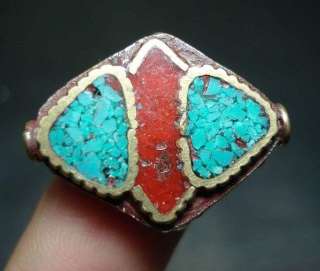 Naga Tibetan old Brass Coral Gem Turquoise bead , Amulet  
