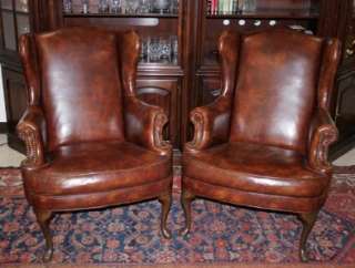   Vintage Brown Leather Wing Back Arm Chairs w Queen Anne Legs  