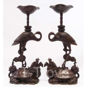  Bronze Longevity Crane Candle Holder Pair