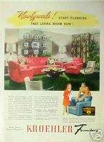 1944 Kroehler Furniture Living Room Sofa,Couch,Chair AD  