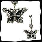 Butterfly Belly Ring Navel Dangle Clear CZ Black Gem Body Jewelry 