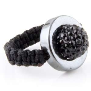  Macrame   Black Crystal Bead Ring   Black String size  8 