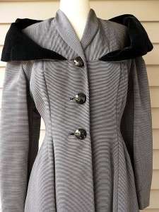 Vintage 50s Fit Flare Hourglass Coat Black Pinstripe Velvet Shawl 