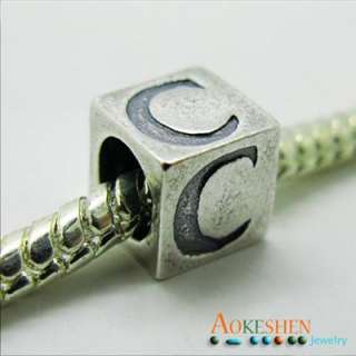 925 Sterling Silver Cube Alphabet letter C Charm Bead Fit Necklace 