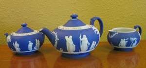 Early 3 pc Wedgwood jasperware tea set teapot creamer antique  