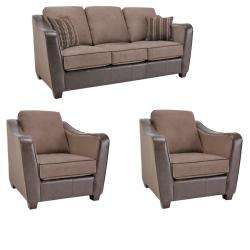 Jaden Chocolate/ Taupe Faux Leather/ Fabric Sofa and Two Chairs 