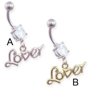  Jeweled belly ring with dangling word Lover, Steel Color 