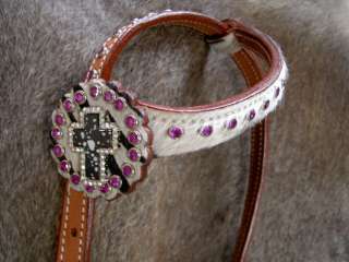 HORSE BRIDLE WESTERN LEATHER HEADSTALL TACK PURPLE TACK BLING CROSS 