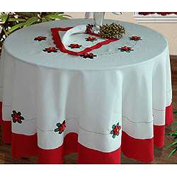 Scalloped Christmas Poinsettia 70 inch Round Tablecloth Set 