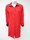   Red Button Up Silk Black Trimming Long Tunic Blouse Shirt Top Sz 2