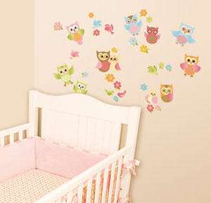 BABY OWLS wall stickers 33 colorful decals flowers nursery decor birds 