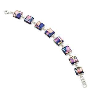   Silver Pink & Blue Square Shaped Dichroic Glass 8in Bracelet Length 8