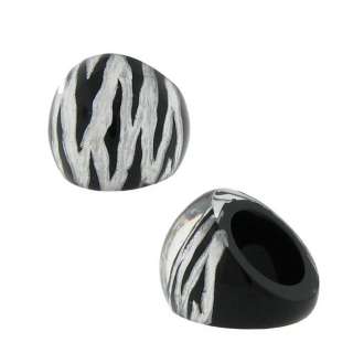 Large Silver Leaf & Black Zebra Resin Chunky Ring  