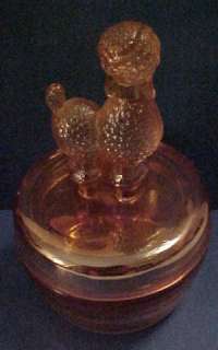Vintage Luster Carnival Glass Poodle Dog Powder Jar Covered Dish Amber 