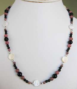 Mother of Pearl, Rhodonite & Black Onyx Bead Necklace  