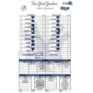  Yankees at Blue Jays 9 04 2009 Game Used Lineup Card (MLB 