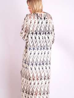 Vtg METALLIC CROCHET Lace Sheer Cutout NOUVEAU SCALLOP Maxi Dress Coat 