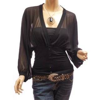 Patty Women Elegant Black V Neck Chiffon Long Sleeve Blouse Top