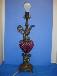 FENTON CRANBERRY HOBNAIL CHERUB PITCHER LAMP  