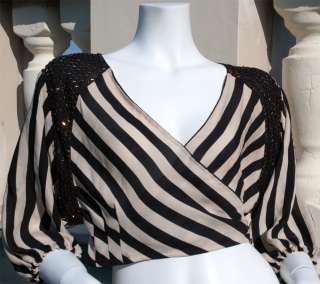   Classic 3.1 Phillip Lim Beige Black striped crop silk beaded shirt top