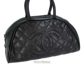 Authentic CHANEL Black Quilted Caviar Leather Bowler Bag + Receipt 