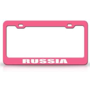 RUSSIA Country Steel Auto License Plate Frame Tag Holder, Pink/White