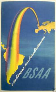    backed 1948 BSAA Airline Travel Poster, South America, Europe  