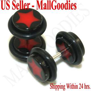 1131 Fake Cheater Plugs 16G Look 0G Black Red Star Ear  