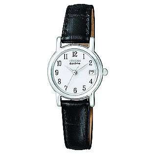   Calendar Date Watch w/Round White Dial and Black Leather Band  Citizen