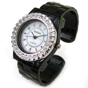   black bangle cuff watch with simulated diamonds all around the face