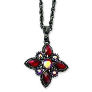  Black Plated Red Crystal Flower 16in W/Ext Necklace 1928 